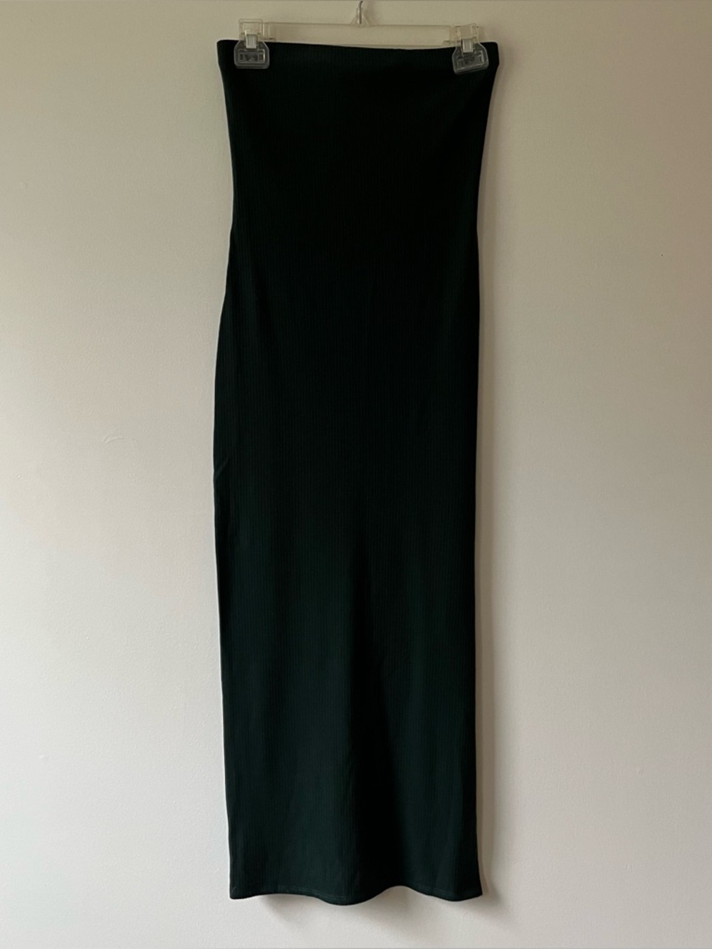 Reformation Strapless Midi Dress XS Dark Green Ribbed Stretch Bodycon Leg Slit